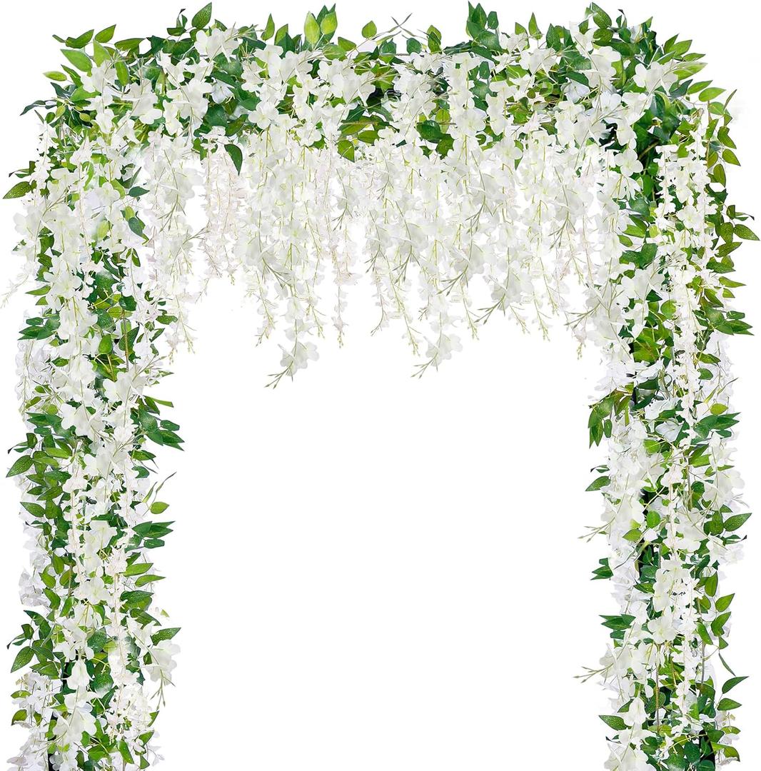 Sggvecsy 6Pcs Wisteria Garland Artificial Flowers Garland Fake Hanging Wisteria Vines Rattan Silk Hanging Flower Vines for Home Garden Outdoor Wedding Arch Party Ceremony Total 35.4Ft (White)
