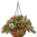 Artificial Christmas Hanging Basket Flocked with Mixed Decorations and Outdoor Decoration,for Decorated with Frosted Pine Cones, Berry Clusters