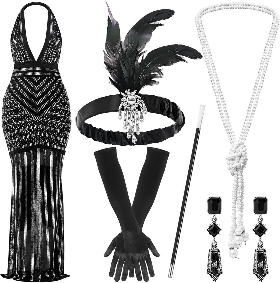 6 Pcs 1920s Elegant Rhinestone Mesh See Through Bodycon Dress with 20s Flapper Accessories Set (Black, M)