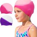 Swim Cap Kids (2 Pack), Durable Waterproof Swimming Cap for Girls Boys Teens Toddler Aged 3-15, Comfortable Fit Kids Swim Cap for Long Hair and Short Hair, Silicone Swim Caps for Kids Toddler