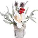 13.8 Christmas Flower Desk Decor Tabletop Small Artificial Potted Christmas Tree-Snowy Poinsettia, Red Berry, Pinecone & Pine Branches Arrangement in Burlap Vase (Cream White Magnolia)