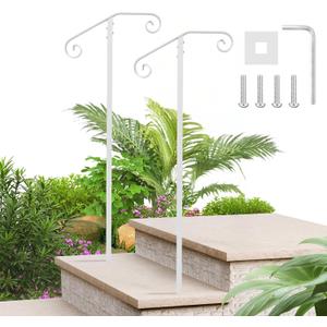 Handrails for Outdoor Steps Single Post Handrails for Outdoor Steps Wrought Iron Single Post Handrail, Ground Long Post Fits 1 or 2 Steps Grab Rail Single Post Railing (2pcs White)