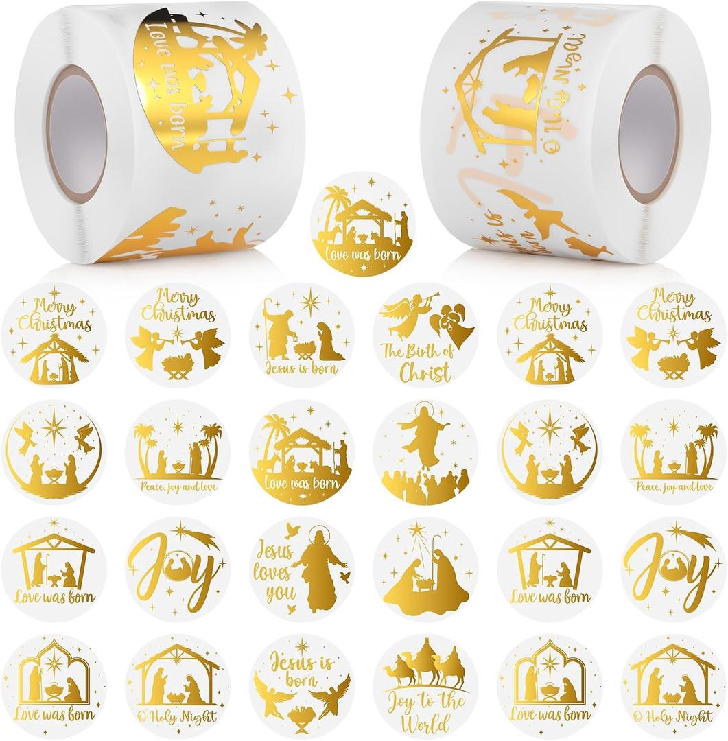 Containlol 800 Pcs Christmas Religious Stickers Round Christmas Nativity Jesus Stickers Roll Christian Xmas Faith Self Adhesive Cards Envelopes Labels for Adults Crafts Xmas Favor(Bright)