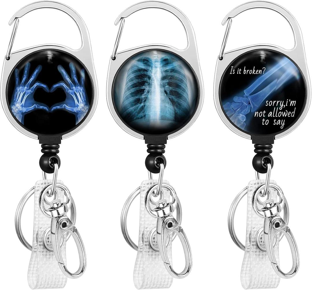 Gctriki 3 Pieces X-Ray Badge Reel Retractable Heavy Duty with 360 Swivel Carabiner Clip, Funny ID Badge Holder Retractable Keychain Name Badge Clip, Nurse Teacher Student Gifts