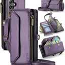 for Samsung Galaxy S23 FE Wallet Case with Zipper Card Holder & Crossbody Lanyard Strap & Wrist Strap, RFID Blocking PU Leather Magnetic Flip Handbag Purse Case for Samsung S23 FE -Purple