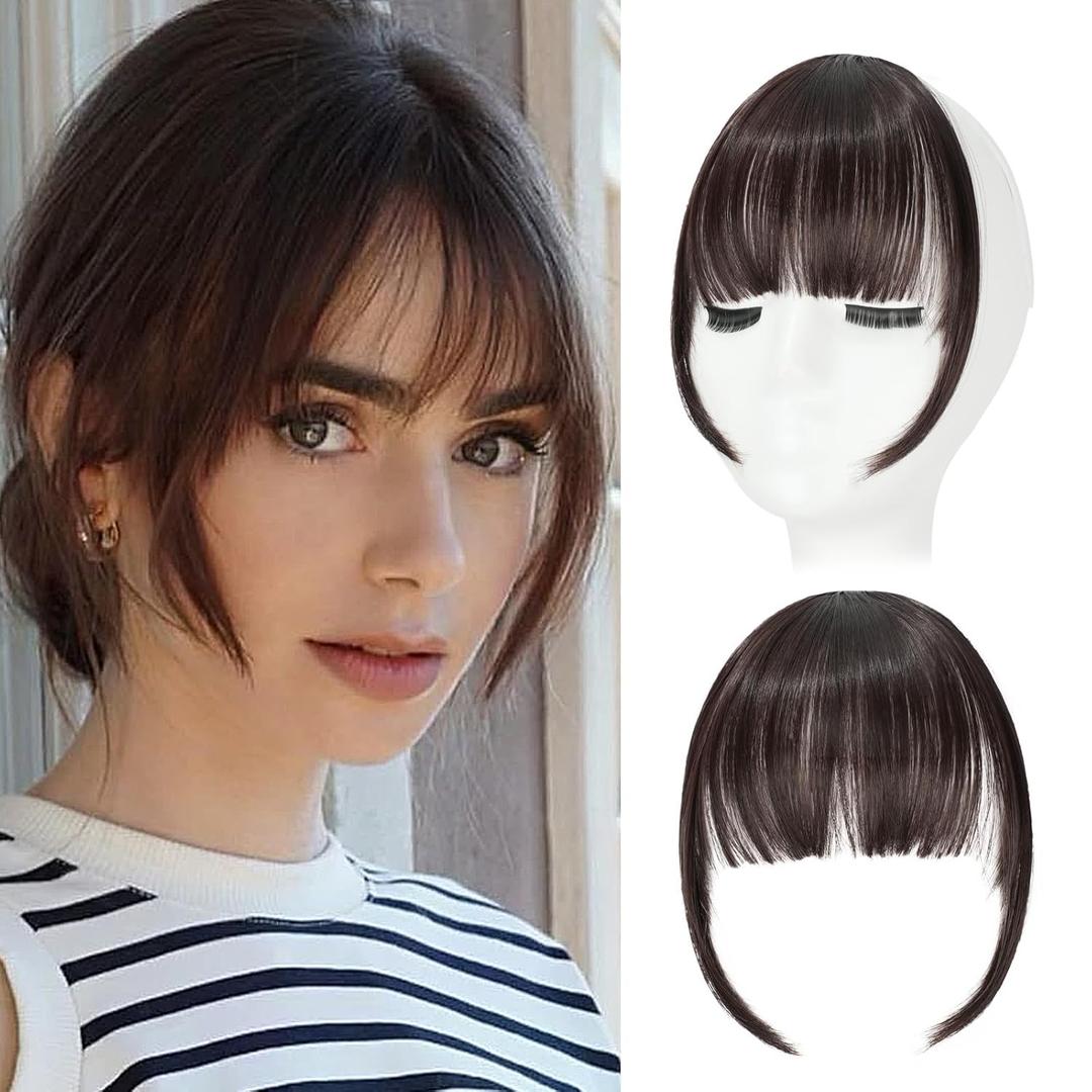 Clip in Bangs, Synthetic Wispy Bangs Hair Clip, Medium Brown Fake Bangs Fringe with Temples Hairpieces for Women Natural Curved Hair Extensions for Daily Wear