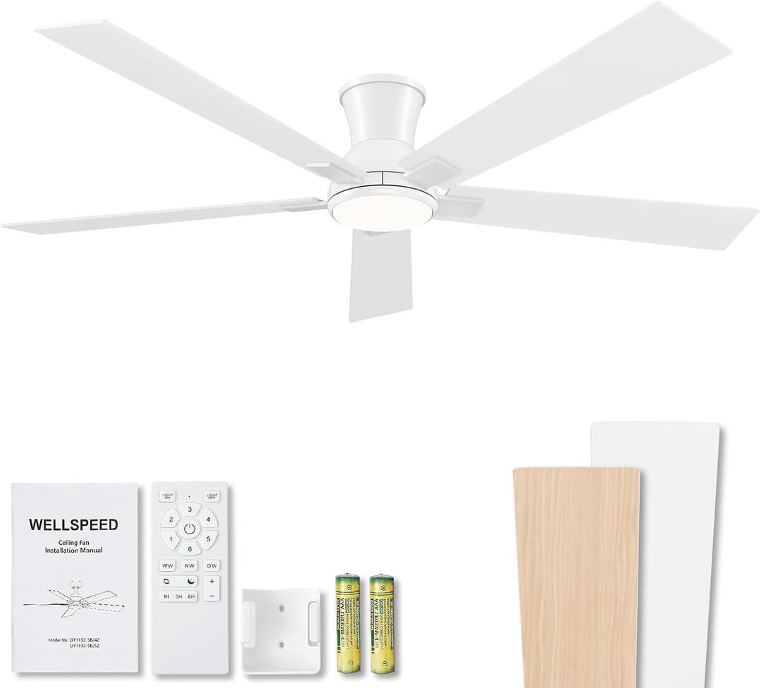 60 Inch White Flush Mount Ceiling Fans with Lights, 3CCT Dimmable LED, 6-Speed Remote Control, Reversible Motor,Quiet Low Profile Energy-Efficient for Bedroom & Living Room,ETL Listed