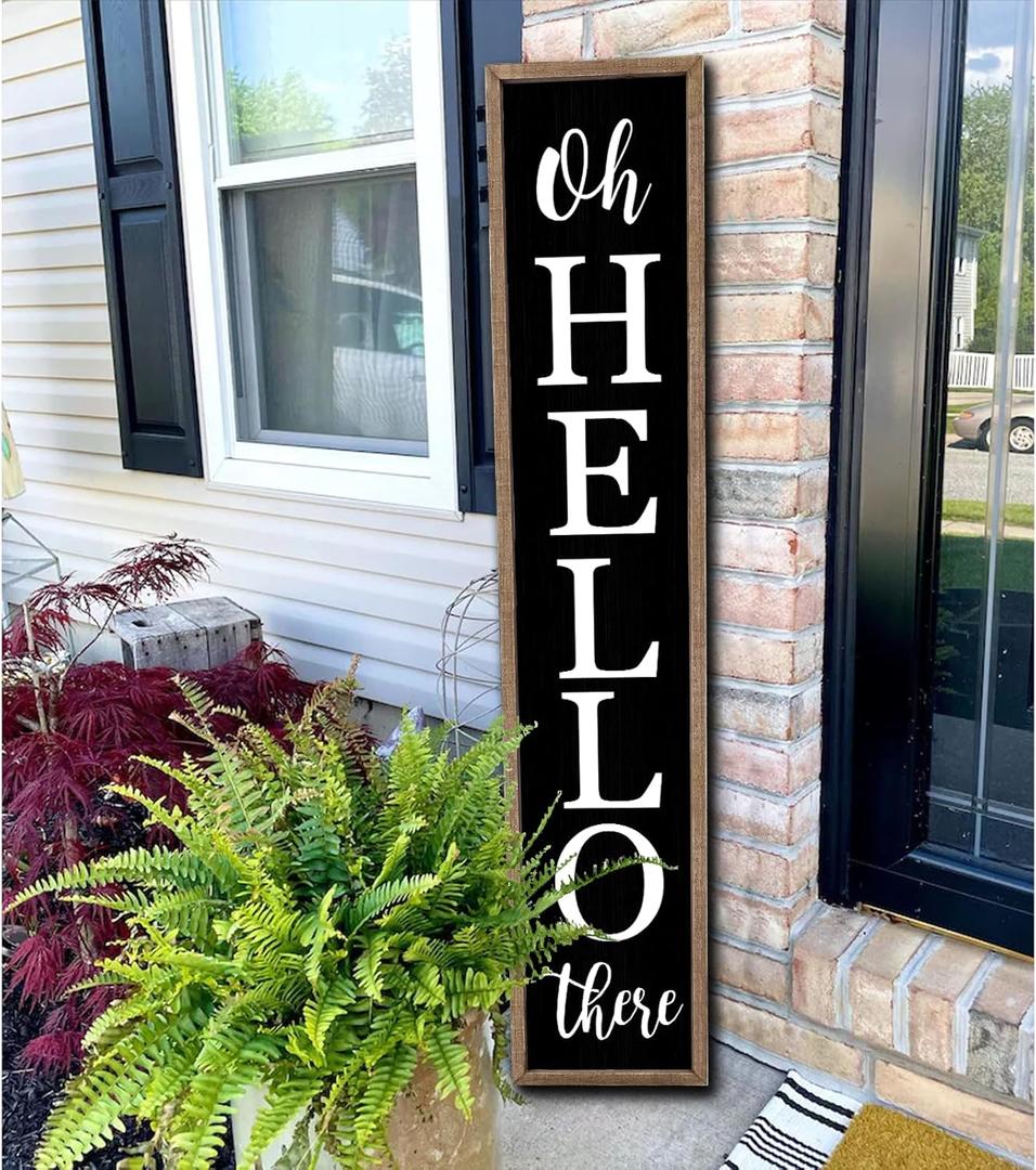 Oh Hello There Welcome Sign For Front Porch Standing 45"X9" Tall Wood Frame Outdoor Vertical Decor for Farmhouse Rustic Large Modern Home Outside Front Door Wall Decorations (Wood Black)