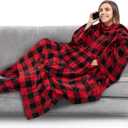 PAVILIA Fleece Blanket with Sleeves, Foot Pockets for Women Men Adults, Plush Wearable Blanket Throw Wrap, Warm Snuggle Blanket Robe, Cozy Gift Ideas Wife Mom, Checkered Red