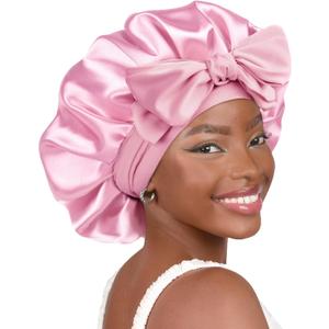 YANIBEST Adjustable Silk Bonnet for Sleeping Women Double Layer Satin Bonnet Reduce Friction Prevent Frizz Curly Hair (Large, Pink)