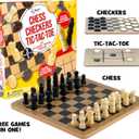 Regal Games - Reversible Wooden Board for Chess, Checkers & Tic-Tac-Toe - 24 Interlocking Wooden Checkers and 32 Standard Chess Pieces - for Age 8 to Adult for Family Fun, 10.5" X 10.5"