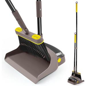 JEHONN Broom with Dustpan Combo Set Lightweight 54'' Long Handle Swivel Broom Indoor Patented Openable Dust Pan Tail for Kitchen Home Office (Brown Yellow)