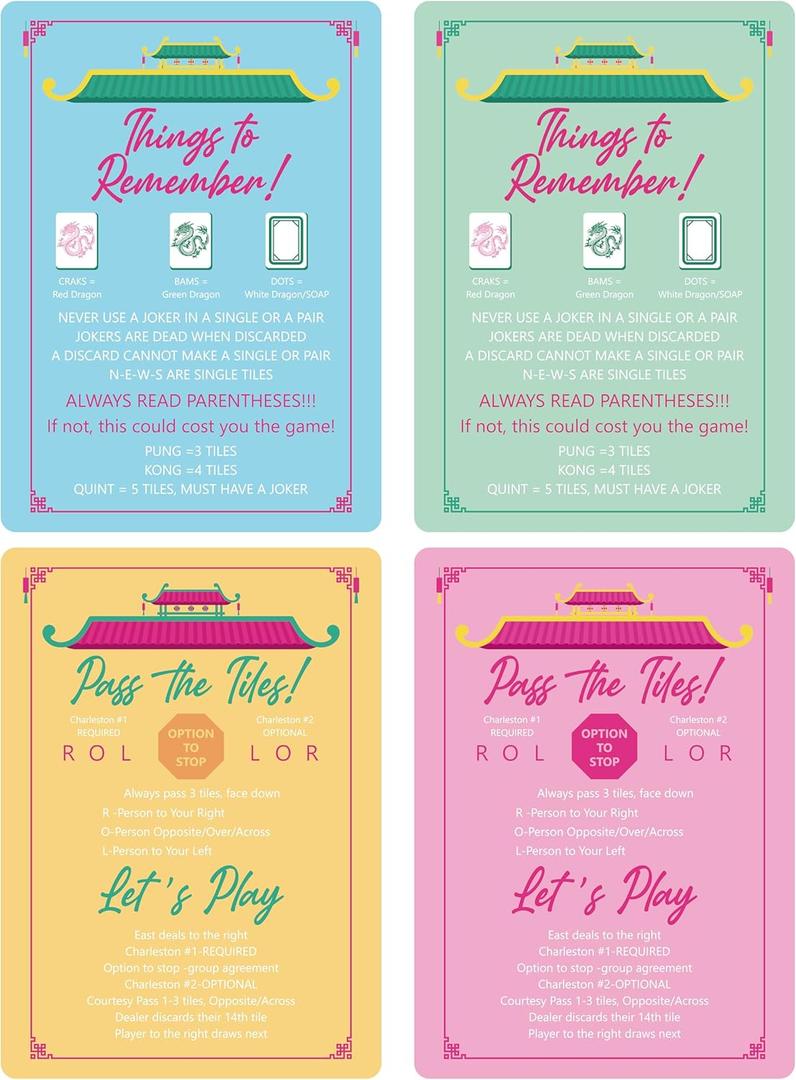 4 Pcs Mahjong Shuffler Cards for Tiles Mixing & Shuffling Portable Mah Jong Accessories Gifts Party Supplies Waterproof Rules Printed Mixer 7 x 5 in for Tiles Players Lovers(Pastel,Linear)