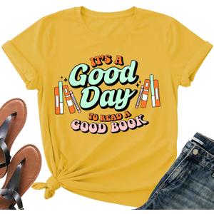 It's a Good Day to Read a Good Book Shirt Women-Cute Librarian Read Short Sleeve Book Lovers Tee Tops (Yellow, L)
