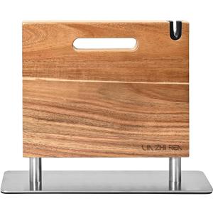 Magnetic Knife Block, Thickened Acacia Knife Holder, Strong Magnetic Suction Cup with Knife Sharpener, Double-Sided Kitchen Knife Storage Rack for Kitchen Countertops