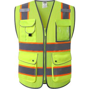 JKSafety 9 Pockets Hi-Vis Neon Yellow Zipper Front MESH Safety Vest with Fluorescent Orange Extend Edge outlining the Reflective Tapes Meet ANSI/ISEA Class 2 Standard (100-Yellow, L)