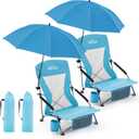 Homcosan Portable Low Folding Beach Chairs Set of 2 with Detachable Umbrellas - Lightweight Camping Chairs for Adults with Cup Holder & Storage Pockets, Carry Bag Included (Blue), 2 Packs