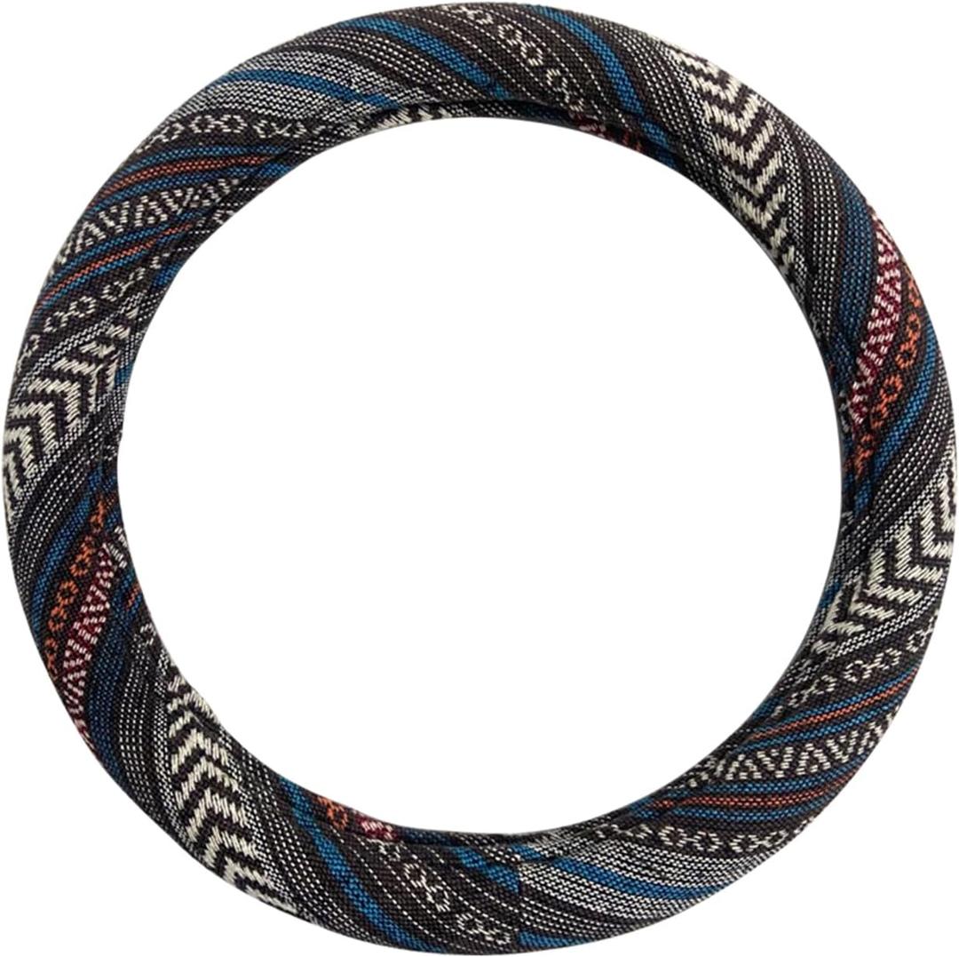 Universal 15inch Ethnic Style Baja Blanket Steering Wheel Cover with Coarse Flax Cloth and Sweat Absorption Anti Slip Car Wrap (Boho Dark)