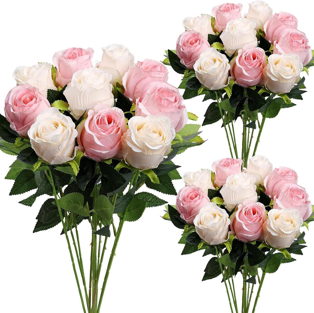 Roses Artificial Flowers - 30 PCS Pink Fake Silk Rose with Stems Bulk Faux Floral Arrangement for DIY Wedding Bouquet Bridal Shower Table Centerpieces Home Party Decor - Pink White