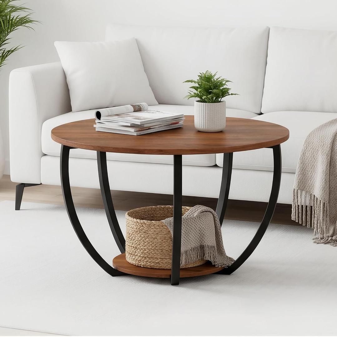 HOMERECOMMEND Round Coffee Table,23"Circle Coffee Table With Storage,Walnut | 2-Tier Coffee Tables for Living Room,Small Coffee Table,Center Table,Sofa Table for Home Office,Coffee Table Circle, 23.0Lx23.0W x 17.0H