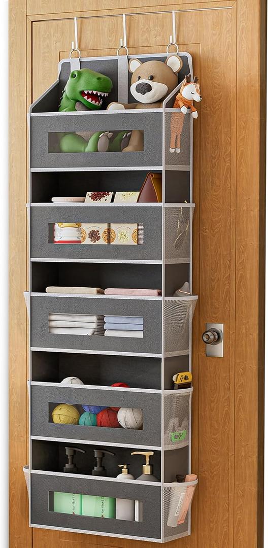 5 Tier Over The Door Organizer - Large Capacity Behind Door Hanging Shelves with 10 Mesh Pockets and Clear Windows, Closet Organizers and Storage for Bathroom, Bedroom, Nursery, Grey