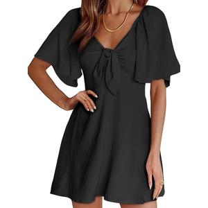 Dokotoo Womens Dresses 2026 Spring Summer Deep V Neck Elegant Bow tie Mini Dress (Large)