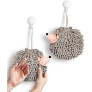 Sophie & Panda Fuzzy Ball Hand Towels (Set of 2) - Dry Your Hands Instantly and conveniently with This Creative Hand Towel Hedgehog Decorative Towels for Bathroom (Pack of 2, Gray)