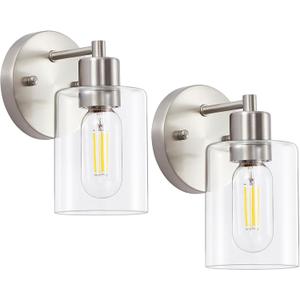 Wall Sconces for Bathroom, Brushed Nickel Vanity Light Fixtures, Modern Wall Mount Lighting Lanterns, Farmhouse Wall Lamps with Clear Glass Shade for Bedroom Living Room Mirror Hallway Porch (2PACK)