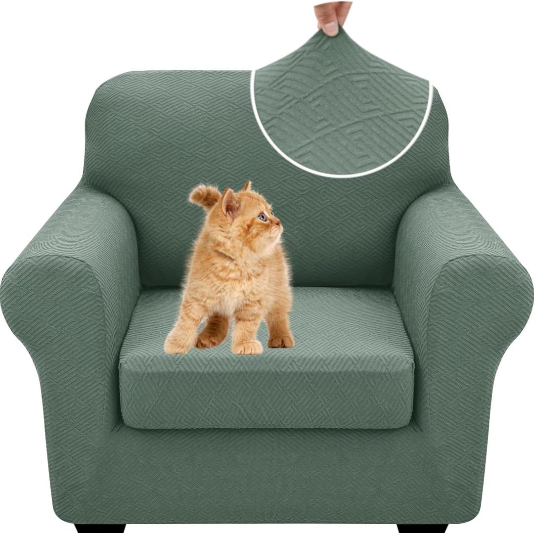 XINEAGE New 2 Pieces Chair Covers with Arms Super Stretch Chair Slipcover for Living Room Pet Dog Universal Slip Cover Anti Slip Armchair Furniture Protector (Pea Green), 31"-46"(1 Cushion)