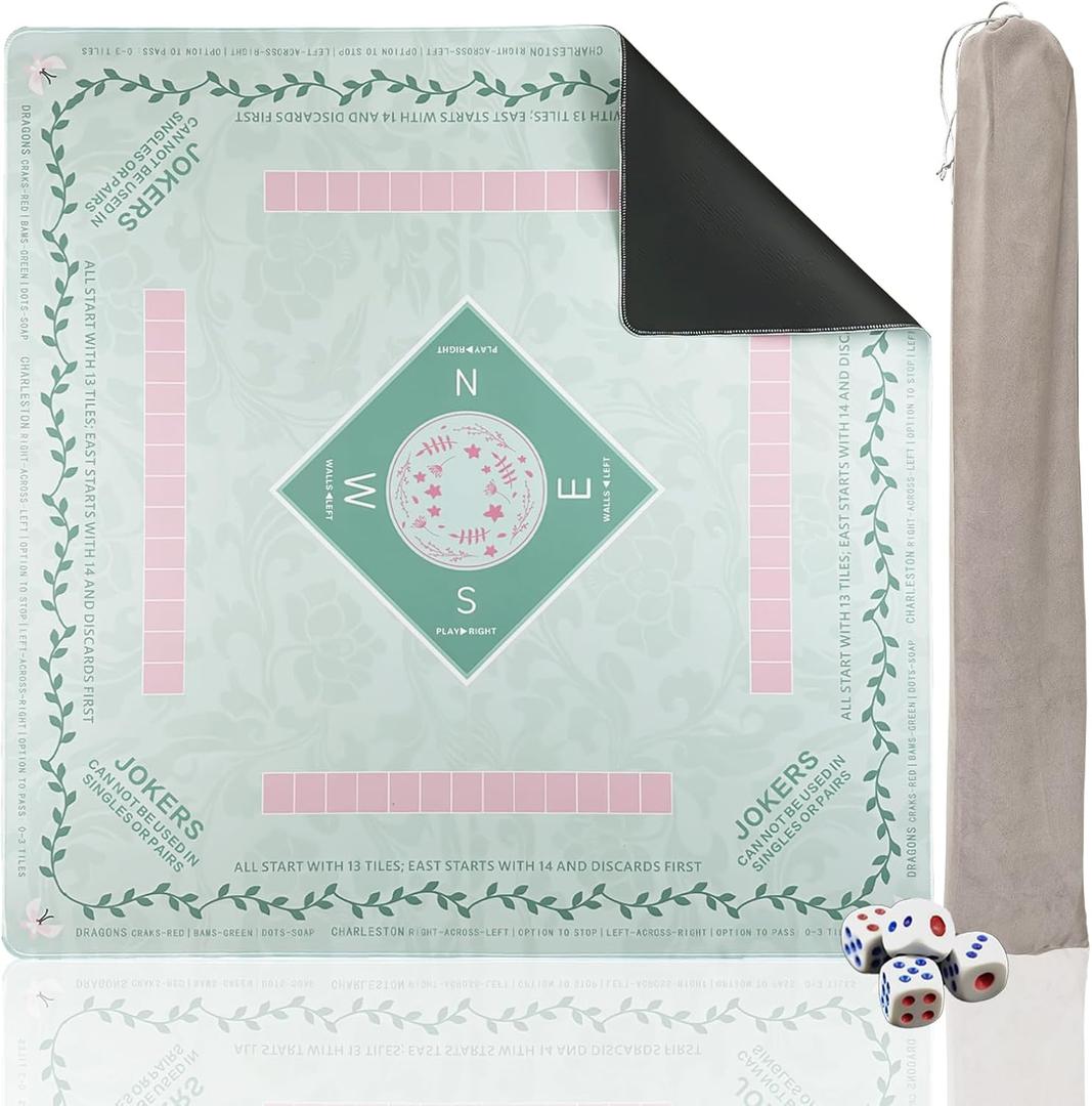 Mahjong Mat 31 * 31 Inch Non-Slip Noise Reduction, American Mahjong Mat for Table with Bag, Waterproof Surface Mah Jongg Mats for Poker, Card, Dominoes, Board & Tile Games Light Green