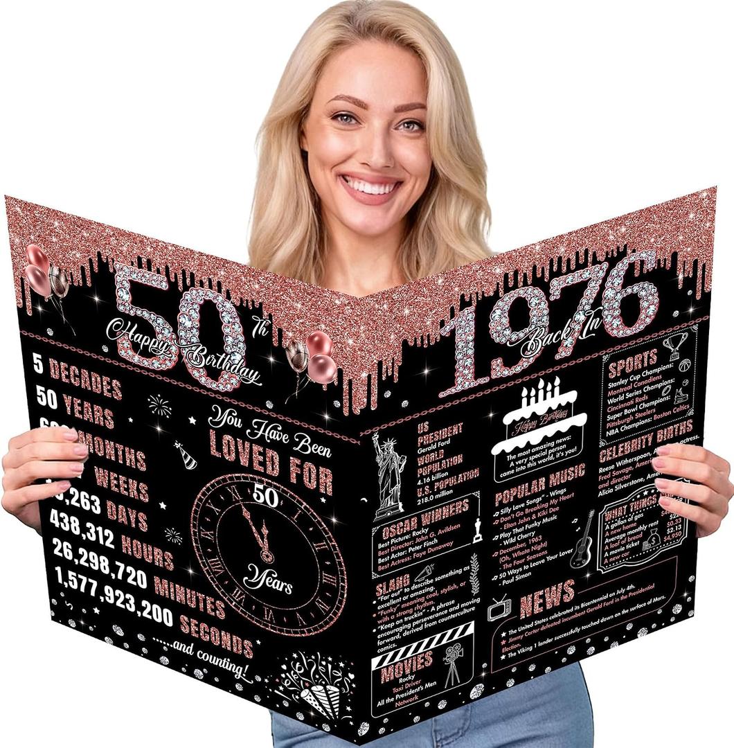 Large 50th Birthday Card for Women, Back in 1976 Rose Gold Jumbo Happy 50th Birthday Greeting Card with Envelope, Big 50 Year Old Party Decorations and Gift Ideas for Her Mom Wife Friends