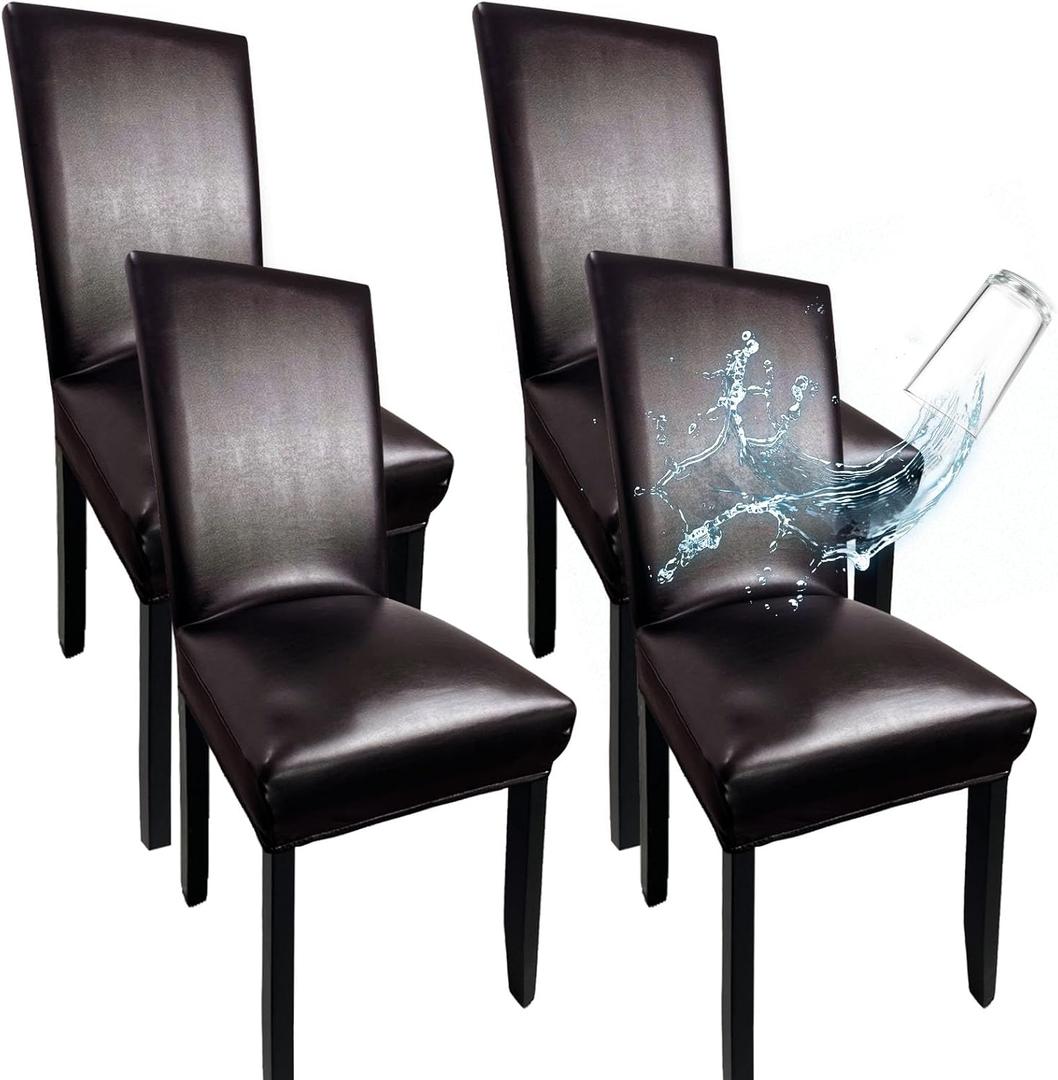 Leather Chair Covers for Dining Chairs Set of 4, Super Stretch Waterproof Kitchen Chair Covers Thickened Washable Dining Chair Slipcovers Brown Chair Seat Covers for Dining/Kitchen/Banquet, Brown, 4 Pcs