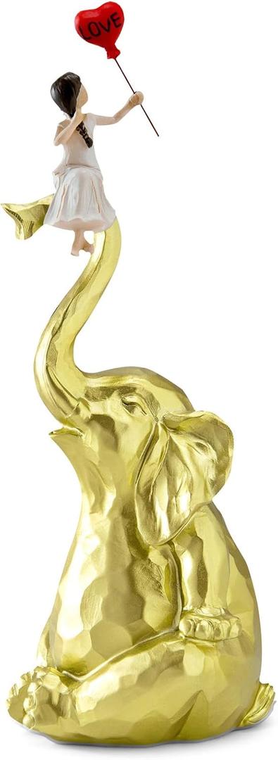 Elephant Statue Home Decor - Handmade Resin Sculpture Girl with Love Balloon Sitting on Elephant Figurines, Gifts for Women Girl Birthday Gold