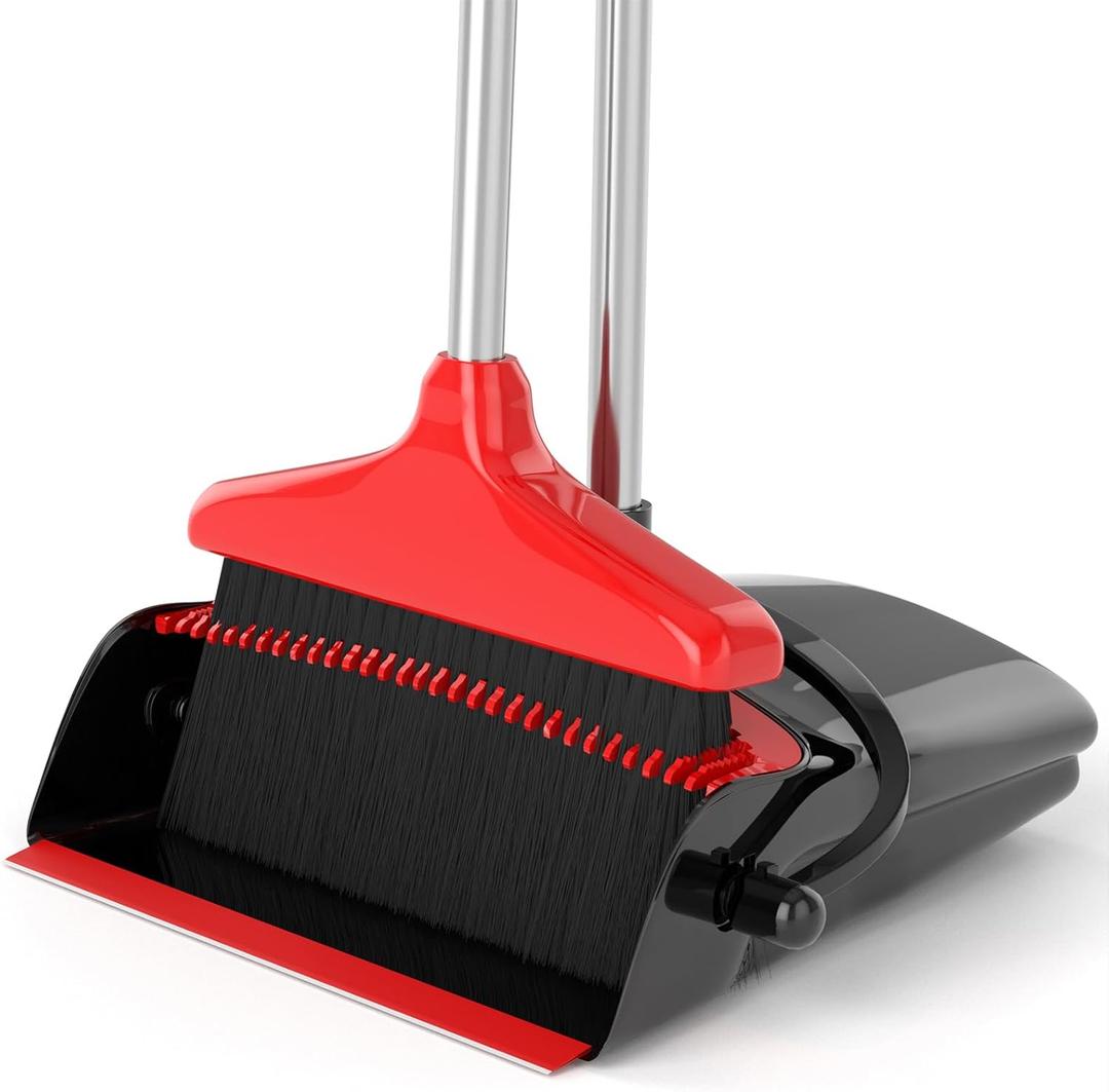 Broom with Dustpan Combo Set 54" Long Handle Adjustable Length Stainless Steel Broomstick Standing Dust Pan and Broom Set for Office Home Kitchen Lobby Floor Cleaning (Red and Black) (Black and Red)