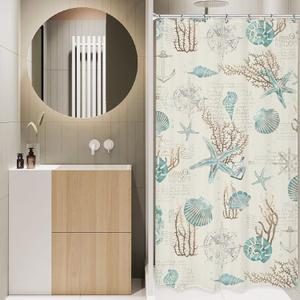 Omifly Starfish and Seashell Small Stall Shower Curtain 36Wx72H Inch Nautical Single Half RV Narrow Ocean Beach Coral Vintage Retro with 7 Plastic Hooks Fabric Waterproof Toilet Accessories Decor