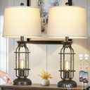 28" Vintage Table Lamps for Living Room, Industrial Farmhouse Table Lamp with USB C+A Ports & Outlet, Rustic Nightstand Bedside Lamps with 2 Night Light for Bedroom End Tables Bronze, 4 Bulbs Included