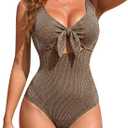 Blooming Jelly Womens One Piece Swimsuit Tummy Control Shimmer Textured Bathing Suit Tie Knot Cutout U Back Slimming Swimwear (Large, Brown)