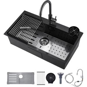33 Inch Kitchen Sink, 304 Stainless Steel Sink, Single Bowl, Drop In Kitchen Sink with Complete Accessories, Perfect for Homes, and Modern Kitchens in All Settings (Gunmetal, 33 * 18 in)