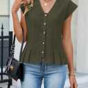 Womens V Neck Crop Tank Tops Cap Sleeve Spring Summer Blouse Button Down Shirts Going Out Vests Top Trendy 2026 (Green, S)