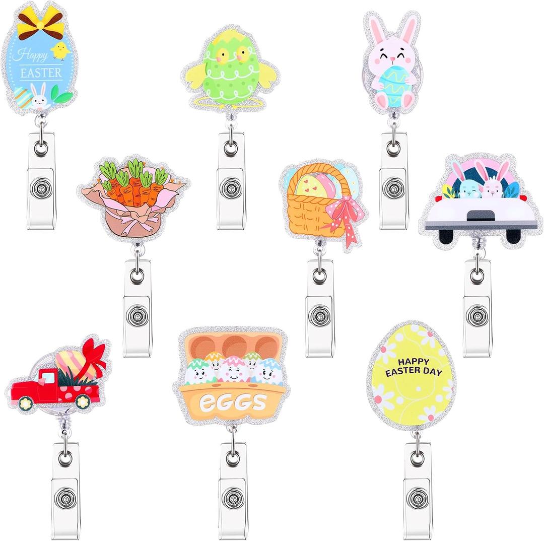 9 Pcs Easter Badge Reels Retractable Easter Badge Reel Holder Holiday Badge Reels Glitter Bunny Egg ID Name Badge Clips Spring Badge Reel for Nurses Employee Volunteer Students Easter Party Decor