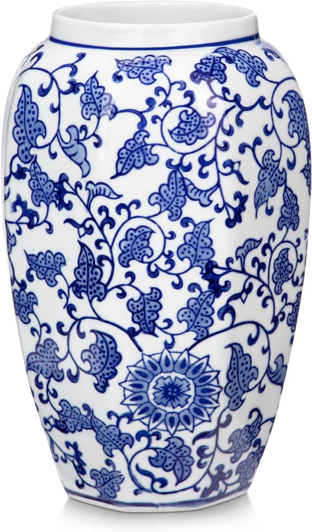 Blue and White Vase 8.5 Inch Traditional Chinoiserie Floral Vase Porcelain Ginger Jar Octagonal Vases Blue and White Porcelain Decor for Home, Living Room, Kitchen, Mantel, Shelf, Table