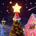 Christmas Tree Topper, Star Motion Rotating Santa's Reindeer Sleigh + Snowmen in Green Cable Car with Merry Xmas Slogans, Illuminated LED Star Christmas Party with Music for Christmas Tree Decor