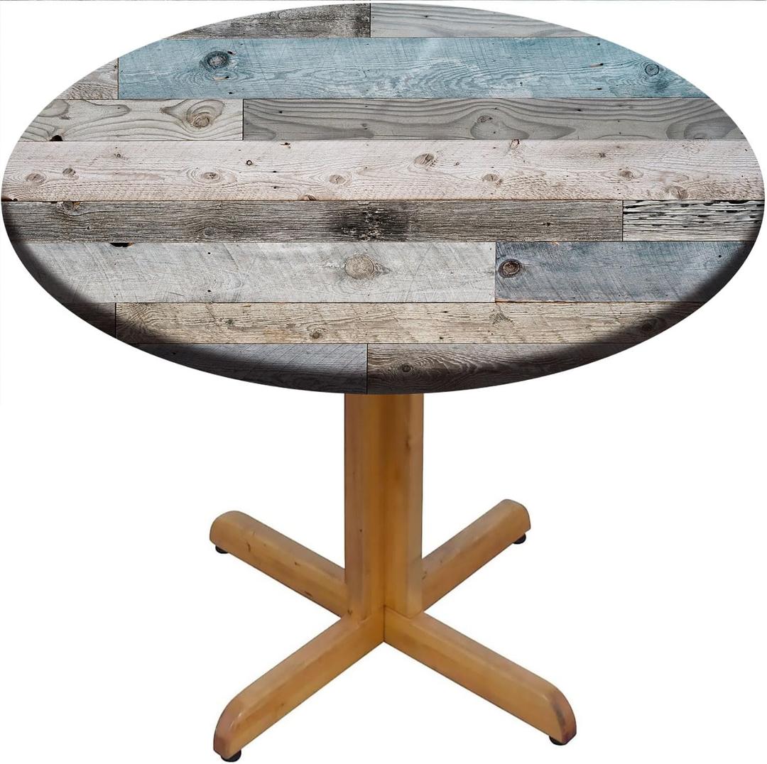 Round Rustic Board Fitted Tablecloth, Blue Grey Farmhouse Wood Texture Elastic Table Cover for Dining, Camping, Outdoor Use, Fits for Table 24 Inches Round