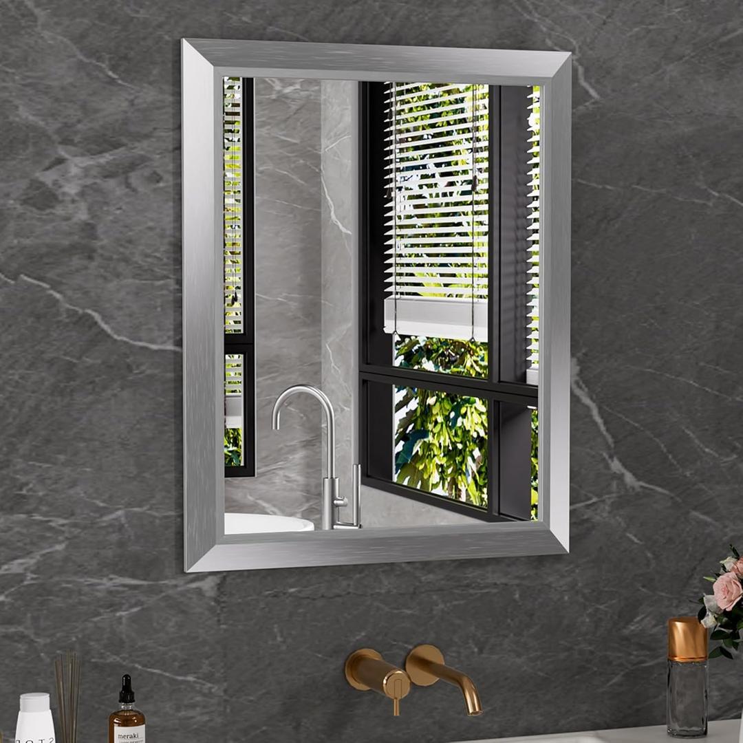 Amorho 24x30 Inch Bathroom Mirror Silver, Thick Metal Framed Wall Mirrors for Over Sink, Brushed Nickel Mirror Perfect for Bedroom, Living Room, Entryway, Rectangle (Horizontal/Vertical). (30"L x 24"W)