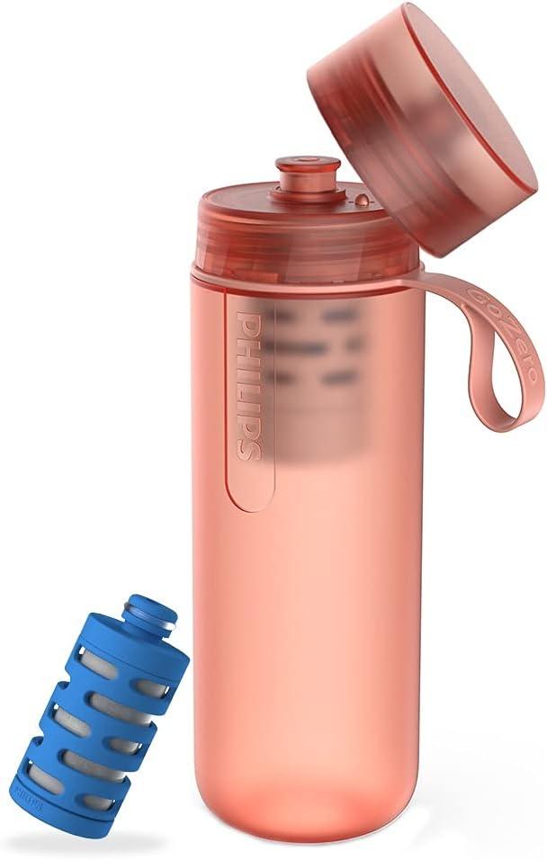 PHILIPS Water GoZero Active BPA-Free Water Bottle with Fitness Tap Water Filter, Sport Squeeze Water Bottle, Lightweight, Blue, 20 oz with Fitness Filter, RED