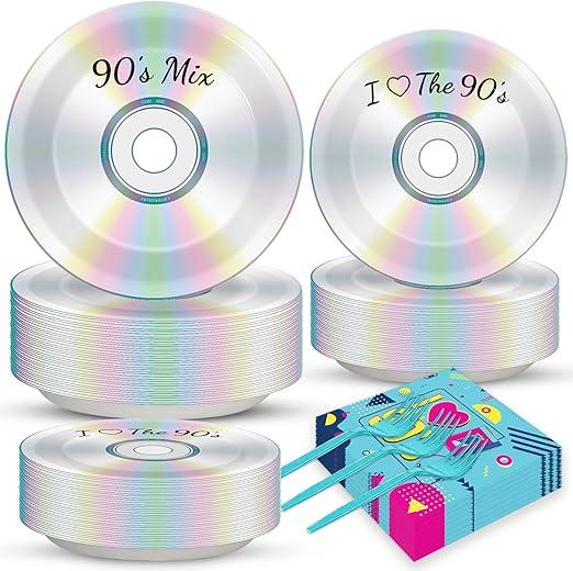 200Pcs 90's Party Plates Napkins 90's Mix CD Tableware Set for Retro 90s Theme Party Decoration Dessert Plates Forks Serve 50 Guests for I Love The 90s Back to The 1990s Birthday Favor Supplies