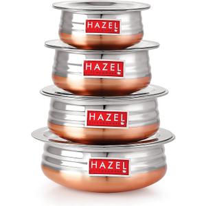 HAZEL Stainless Steel Copper Bottom Handi Set with Lids | Traditional Indian Cookware & Serveware | Set of 4 (0.8, 1.3, 1.7, 2.1 Quarts) | Durable Pots for Curry, Biryani & More