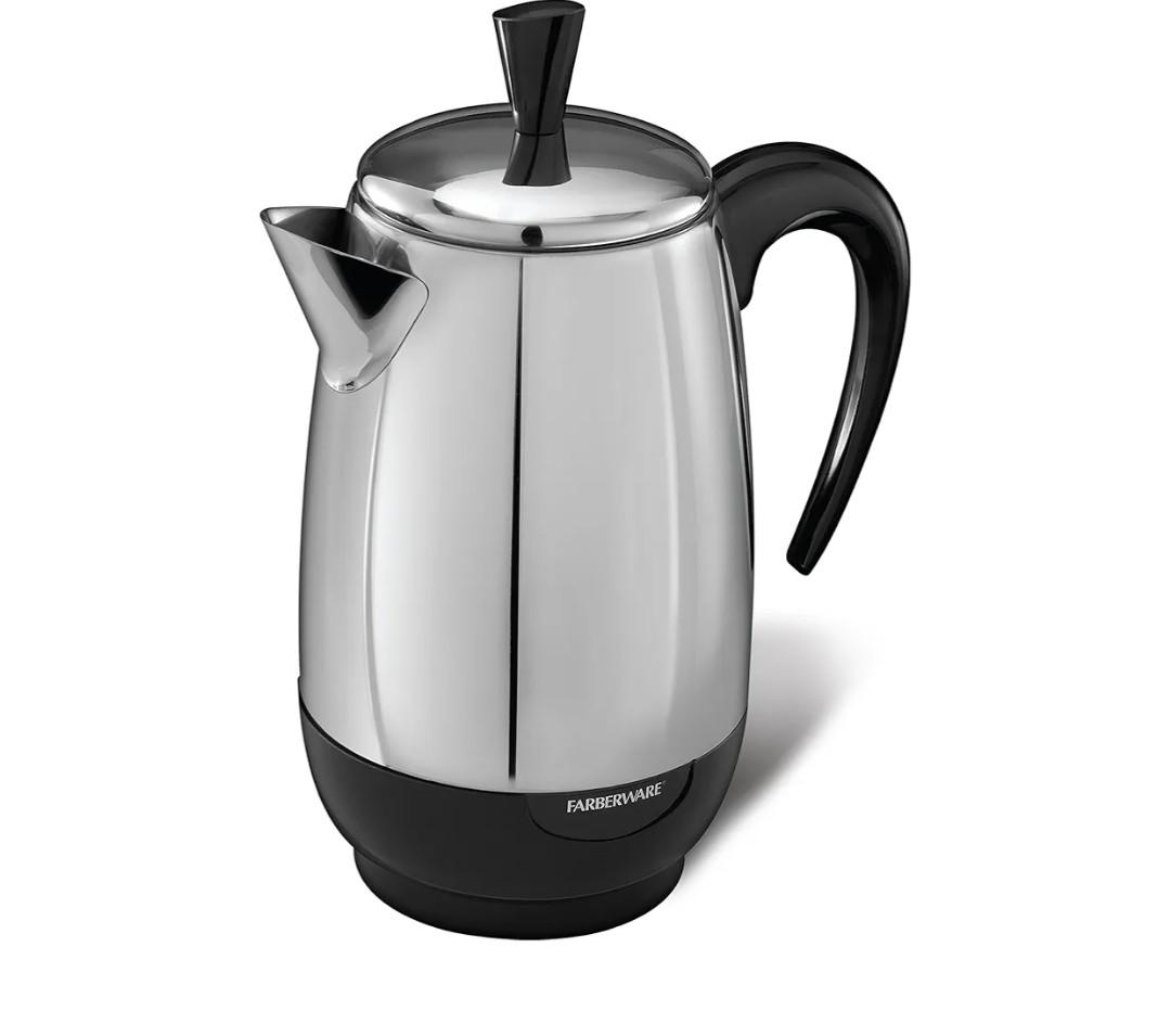Farberware Electric Coffee Percolator, Stainless Steel Basket, Automatic Keep Warm, No-Drip Spout, 8 Cup
