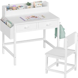 BOLUO White Kids Desk and Chair Set for 5-8 Year Old, Small Child Desk with Fabric Drawer, Children Study Table with Storage Girls Boys, Over dimension : 18.9"D x 24.8"W x 29.6"H