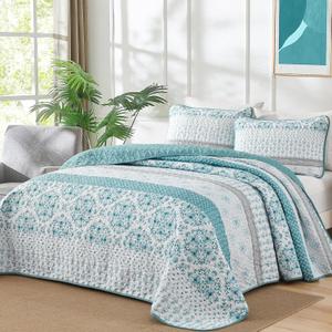 Dintszyayue Boho Striped Quilt Set Queen Size, Bohemian Aqua Bedspread Coverlet Set for All Seasons, 3 Pieces Lightweight Paisley Floral Bedding Set with 2 Pillowcases 96"90"